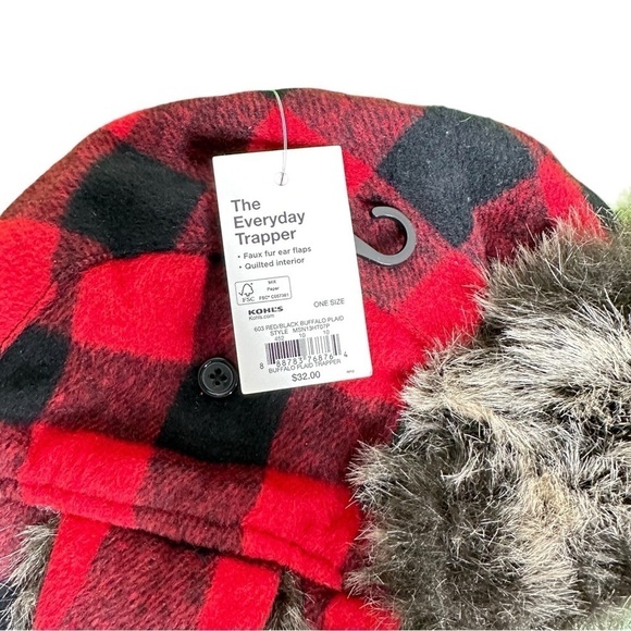 Sonoma Buffalo Plaid Trapper Hat Red Black Faux Fur Ear Flaps OS - Picture 7 of 7